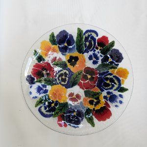 PEGGY KARR 11" PANSIES FUSED ART GLASS BOWL, SIGNED, RETIRED, 2000